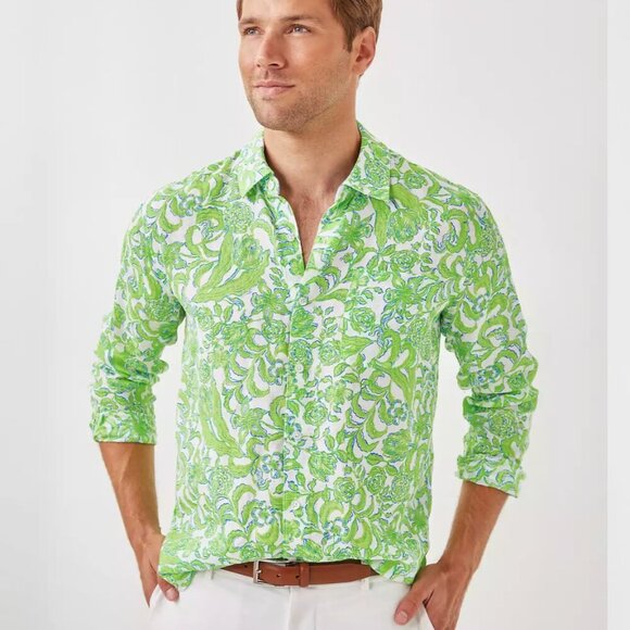 Lilly Pulitzer Men's Stuff Addison Linen Shirt Resort White Lil Daffodil Hill